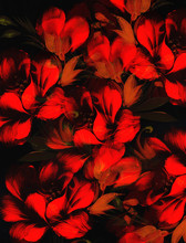 Red Flower On Black Background. Painting And Computer Collage.