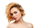 © Africa Studio - Young woman with green eyeshadow and pink lipstick, short curly blonde hair, beauty and makeup