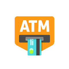 Poster - ATM credit card sign vector illustration, cash machine inserting credit card, atm sign, electronic device, flat icon, modern simple design isolated on white red background