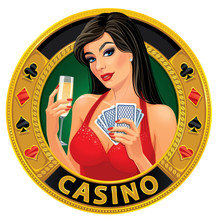 Vector Illustration. Beautiful Young Lady In Red Dress Holding Playing Cards And Glass Of Champagne. Сoncept Design For A Casino Advertising