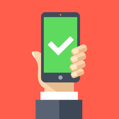 White checkmark on green smartphone screen. Flat design vector illustration