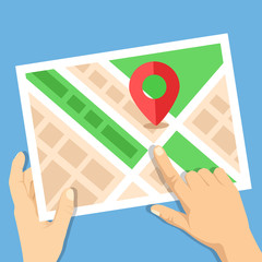 Poster - hands holding city map with map marker flat illustration. location map, gps navigation, direction, p