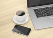 © Natalia Merzlyakova - Laptop smartphone and coffee cup on wood table. 3d rendering.