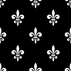 Wall Mural - Golden fleur-de-lis seamless pattern. Black white template. Floral classic texture. Fleur de lis royal lily retro background. Design vintage for card, wallpaper, wrapping, textile. Vector Illustration