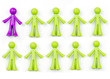 Ten pieces of generic, human shaped plastic pieces in green and purple. One piece is purple, nine pieces are green. Could indicate a demographic of 10% or 90%. Background shadows for depth.