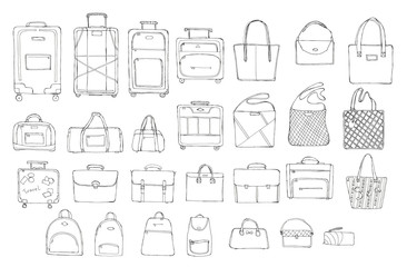 Hand drawn doodle sketch illustration set of 28 pcs bags - baggage for travel, suitcase, case, handbag, portmanteau, Lady's bag, Clutch, Beach bag, sports bag isolated on white. Coloring book
