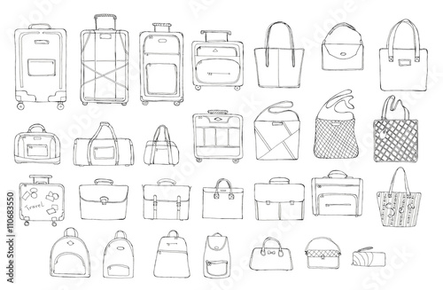 Hand Drawn Doodle Sketch Illustration Set Of 28 Pcs Bags Baggage For Travel Suitcase Case Handbag Portmanteau Lady S Bag Clutch Beach Bag Sports Bag Isolated On White Coloring Book Stock Illustration