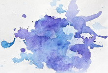 Blue Watercolor Background On Paper Texture. Lilac, Purple And Blue Stains.