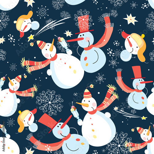 Materiał do szycia Nahtlose grafisches Muster von Weihnachten Schneemann