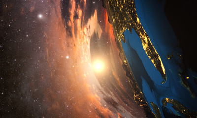 Wall Mural - 3d rendering of detailed colorful earth, highly detailed planet earth in the evening sunset over cal