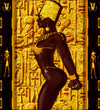 Nubian Princess. Standing against a gold background with a look of confidence and stunning beauty on her face, she exudes wealth, power and beauty. A fantasy digital art scene.