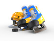 Yellow hockey equipment - skates with blue details and puck in front - isolated on white background