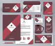 Professional universal red branding design kit for shop, cafe, restaurant. Corporate identity template. Business stationery mock-up. Red, vinous, white colors. Vector illustration: folder, cup, etc.