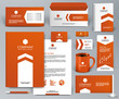 Professional orange universal branding design kit with arrow for real estate/investment. Corporate identity template. Business stationery mock-up. Editable vector illustration: folder, cup, etc.