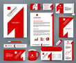 Professional universal branding design kit with red number one on white backdrop. Corporate identity template. Business stationery mockup. Editable vector illustration: folder, mug, etc.