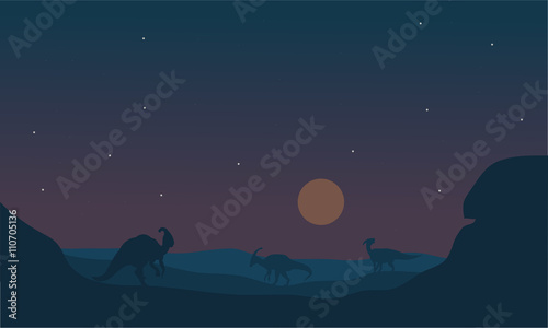 Cuadros en Lienzo Silhoette of parasaurolophus at night