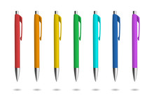 Realistic Pens For Identity Design. Pens With Rainbow Colors. Vector Template Illustration. Corporate Pen Design