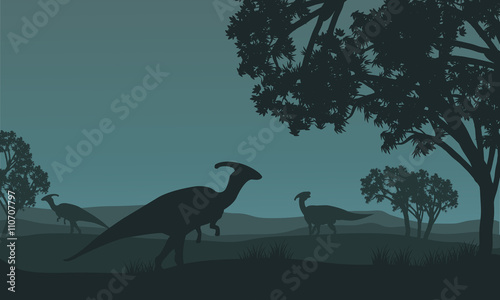 Fotomural Silhouette of parasaurolophus walking in fields