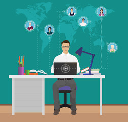 Poster - Man with laptop on the table talking texting with friends in different parts of world. 