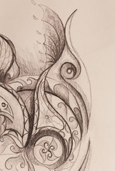 Poster - Ornamental Drawing. Original hand draw and computer collage. Color structure.