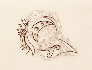 Poster - Ornamental Drawing. Original hand draw and computer collage. Color structure.