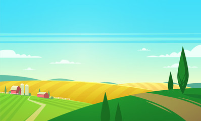Fototapete - Summer landscape with farmhouse. Vector illustration.
