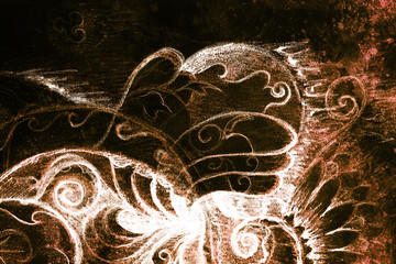 Poster - ornamental filigran drawing on paper with spirals, flower petals and flame structure pattern, Color effect and Computer collage.