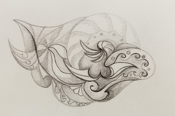 Poster - Ornamental Drawing. Original hand draw and computer collage. Color structure.