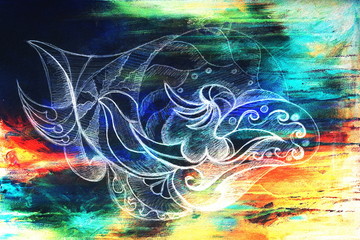 Poster - Ornamental Drawing. Original hand draw and computer collage. Color structure.