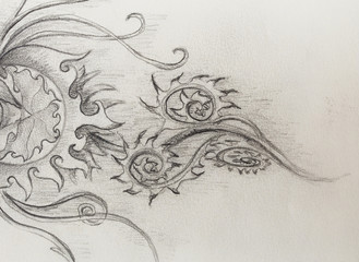 Poster - Ornamental Drawing. Original hand draw and computer collage. Color structure.