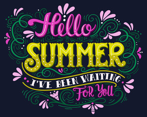 Wall Mural - Hello summer. Hand drawn vintage lettering with floral decoratio
