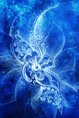 Poster - ornamental filigran floral drawing with frozen winter time feelingt, spiral and abstract linear structure pattern Color effect and Computer collage.