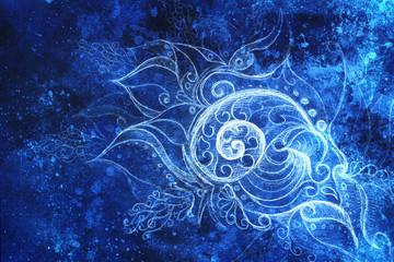 Poster - ornamental filigran floral drawing with frozen winter time feelingt, spiral and abstract linear structure pattern Color effect and Computer collage.