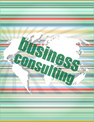 Poster - words business consulting on digital screen, business concept vector quotation marks with thin line speech bubble. concept of citation, info, testimonials, notice, textbox. flat style design