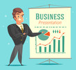 Businessman gives a presentation. Cartoon style character. Vector illustration.  