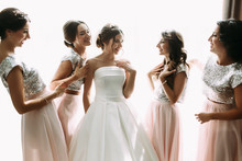 Positive Moment Of The Bride With Friends Before Wedding