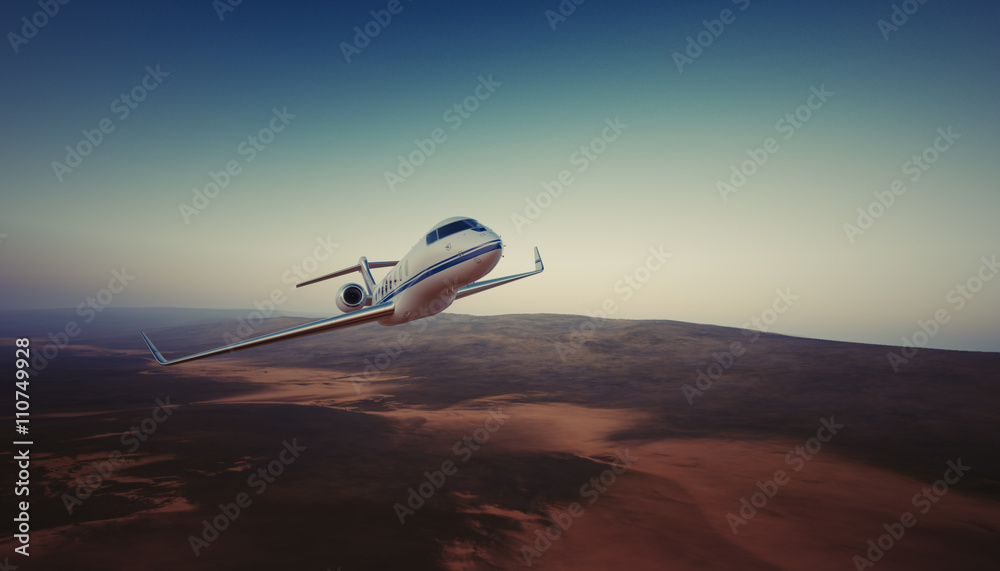 Photo of White Luxury Generic Design Private Jet Flying in Sky under the Earth Surface. Uninhabited Desert Mountains Background. Business Travel Picture. Horizontal. Film Effect. 3D rendering. - obrazy, fototapety, plakaty 