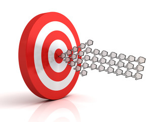 Aufkleber - Group of hand cursors forming arrow hitting the center of target or dart board concept isolated over white background with reflection. 3D rendering.