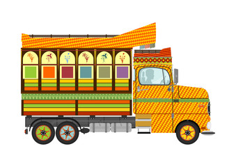 Wall Mural - Funny cartoon Indian jingle truck on a white background. Flat vector