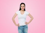 Fototapeta Panele - happy young woman or teenage girl in white t-shirt