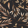 Seamless floral pattern with the watercolor brown leaves on the branches, hand drawn on a dark background