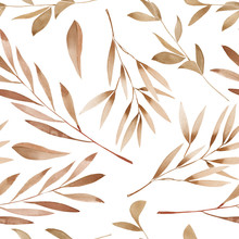 Seamless Floral Pattern With The Watercolor Brown Leaves On The Branches, Hand Drawn On A White Background