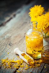 Wall Mural - Bottle of dandelion tincture or oil, flower bunch and honey on t