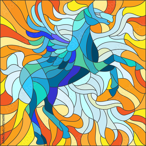 Nowoczesny obraz na płótnie Illustration in stained glass style with the winged blue horse on orange background