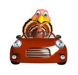 Fototapeta  - Turkey cartoon character with car