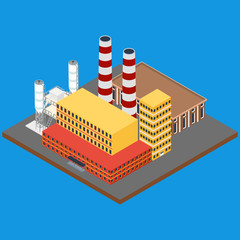 vector illustration. Factory with pipes, office building and warehouse. Isometric, infographics, 3D