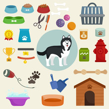 Dog Icons Flat Set With Dung Kennel Leash Food Bowl