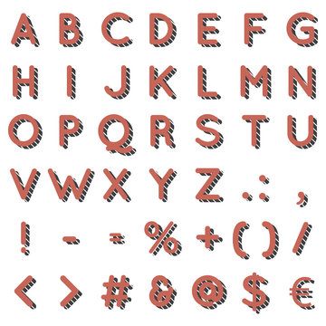 Retro style font and symbols in red color with dark dashed shadows isolated on white background. Custom typography for vintage posters and graphics. Calligraphy set.