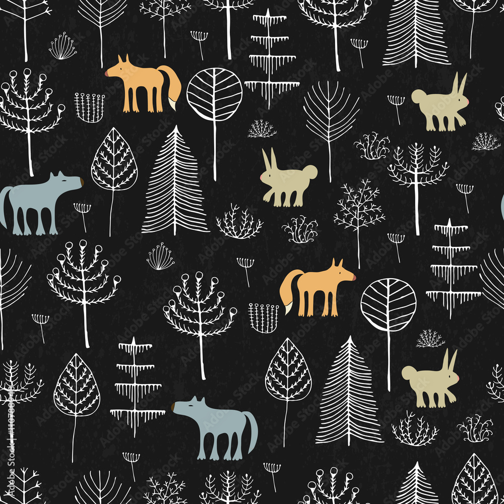 Forest seamless pattern. Hand drawn illustration of Trees and Animals ...