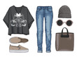 © doublebubble_rus - Lady fashion set of autumn, winter season outfit. Illustration stylish and trendy clothing. Denim, slip-on, jeans.